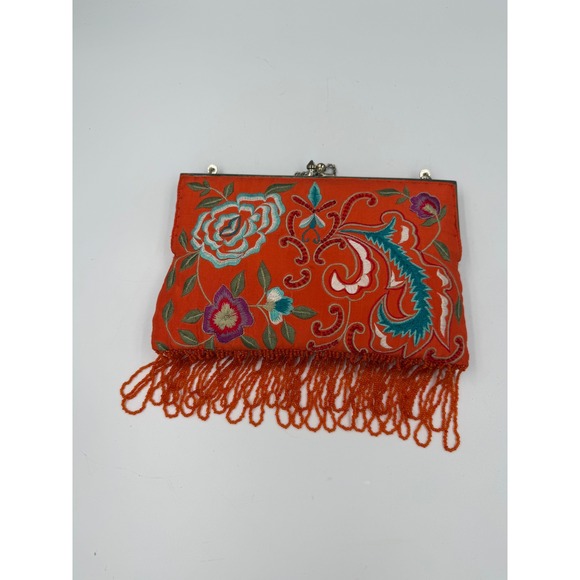 Moyna Handbags - Moyna Orange Embroidered Silk Floral Clutch Beaded Fringe Evening Bag w/ Chain